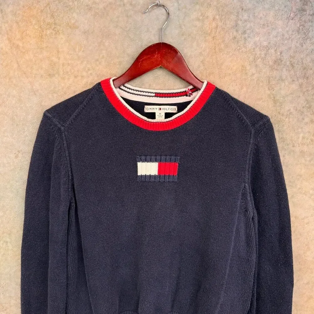 VTG 90s Tommy Hilfiger Flag Knit Sweater Womans Sz M Navy Blue Japan - Picture 2 of 6